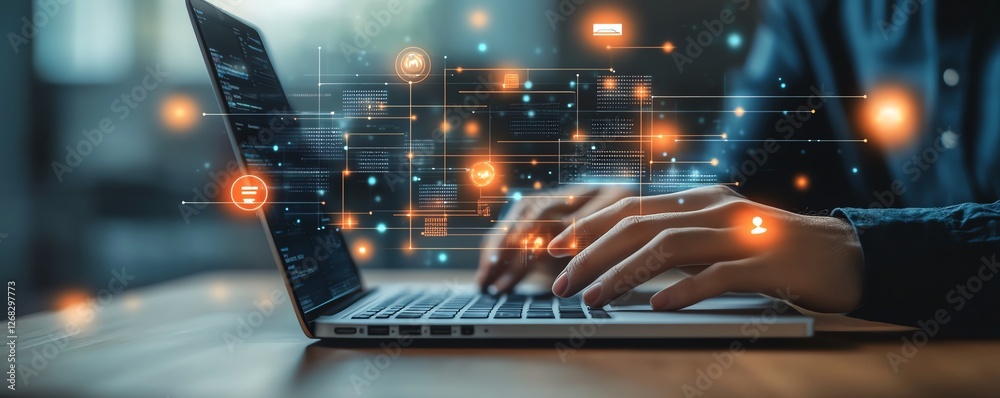 Poster digital transformation of a business, showing data being transferred between servers and devices, cl