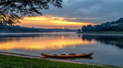 Serene Sunrise Kayak Lake  Peaceful Dawn  Water Reflection  Nature