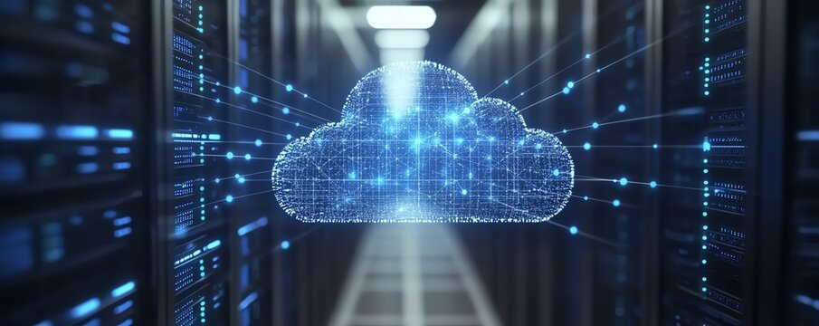 Digital transformation of a business, showing data being transferred between servers and devices, cloud migration, hightech interfaces, and secure data flow