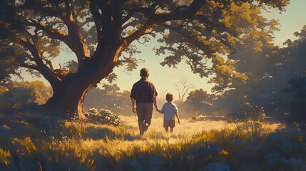 Father and son walking together in vibrant nature, hyper-realistic scenic outdoor moment
