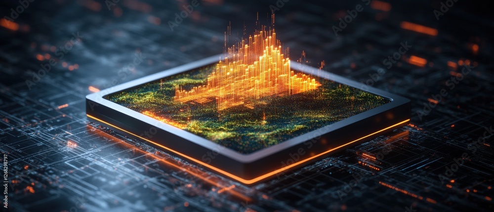 Poster digital tablet displaying a cityscape along with data analytics charts and graphs for analysis purpo