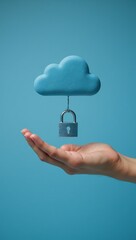 Hand depicts secure cloud with padlock in blue-themed setting for cloud security emphasis