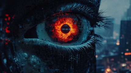 Close-up of a futuristic cybernetic eye with glowing red and orange digital elements, set against a blurred cityscape at night