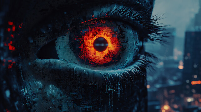 Close-up of a futuristic cybernetic eye with glowing red and orange digital elements, set against a blurred cityscape at night