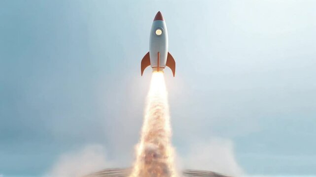 A sleek 3D rocket emoji launches with fiery flames and billowing smoke against a light blue background.