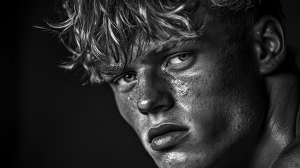 A dramatic close-up of a young man with a contemplative look, depicted in black-and-white