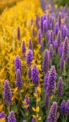 Fototapeta premium Purple flowers in a field with golden leaves and lavender, foliage, plants, plant life
