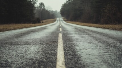 Serene Rainy Road Stretching Through Lush Greenery with Misty Forest Background