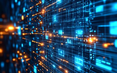 Detailed illustration of the business digitization process, with data being securely transferred through networks, cloud storage, and digital platforms, futuristic design