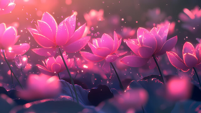 A beautiful image of sping pink flowers on the glowing pink background, generative ai. Neon Lotus Fields. Illustration