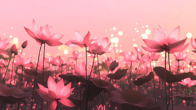 A beautiful image of sping pink flowers on the glowing pink background, generative ai. Neon Lotus Fields. Illustration