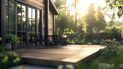 Serene wooden deck with chairs and table, surrounded by lush greenery and sunlight