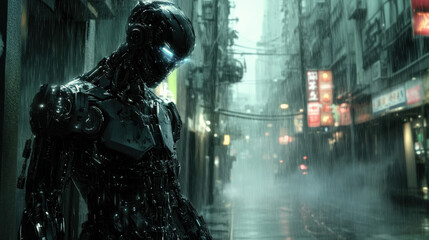 Fototapeta premium Armored Cybernetic Soldier Standing in a Neon-Lit Rainy Metropolis