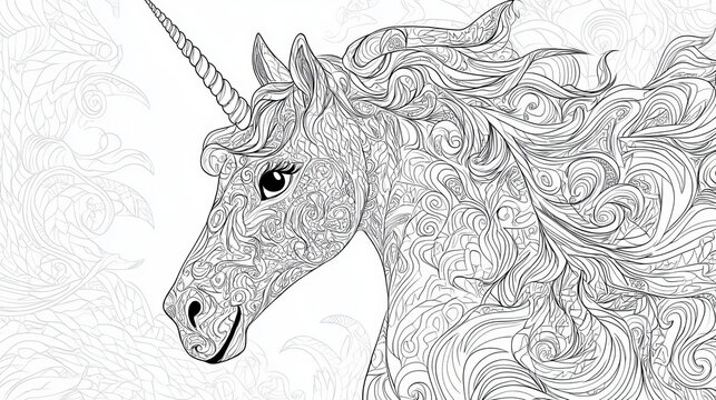 Intricate Zentangle Unicorn Horse Head Detailed Line Art Adult Coloring Page Fantasy Magical Creature Mythological Horse Black White Illustration     