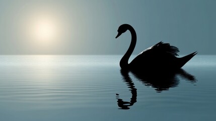 Elegant silhouette of a swan gliding serenely across calm water at sunset with a tranquil and peaceful atmosphere
