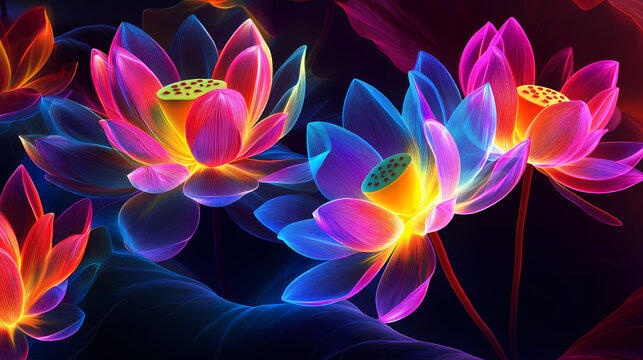 Courageous mantra header vibrant colorful rainbow lotus flower floral multicolor loti bright neon Neon Lotus Fields. Illustration