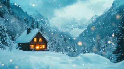 Naklejka premium Cozy Cabin Surrounded by Snowy Mountains and Falling Snowflakes on a Winter Evening