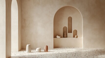 Beige room, arched niches, pottery display, sunlit floor, interior design