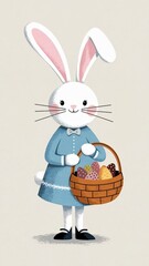 A little bunny wearing a pretty blue dress holding a basket of Easter eggs