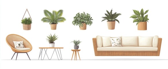 Set of Outdoor, porch zone, garden furniture with potted plants illustration. Realistic vector cozy garden yard, boho living room interior elements, rattan armchairs, coffee table, sofa, house plants
