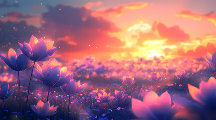 Sunset flowers and background, nature lover charming image. Neon Lotus Fields. Illustration