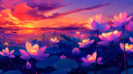 Sunset flowers and background, nature lover charming image. Neon Lotus Fields. Illustration