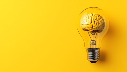 Yellow background with a light bulb and a brain inside, representing breakthrough innovation, glowing effects, modern and clean design