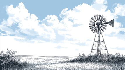 Tranquil Landscape with Windmill and Cotton Candy Clouds in a Blue Sky Setting