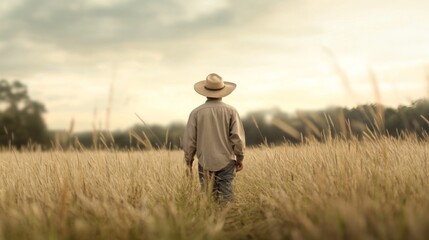 A farmer walking through golden wheat fields at sunset, reflecting on the day's work