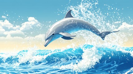 Naklejka premium Majestic Dolphin Leaping from Bright Blue Ocean Waves Beneath a Beautiful Sky Full of Soft White Clouds