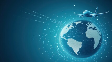 Fototapeta premium Airplane Flying Over Earth Globe with Digital Connection Lines and Dots Representing Global Travel and Technology