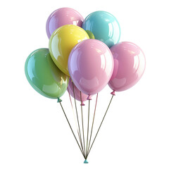 Colorful pink, green, blue, and yellow balloons floating isolated on transparent background 