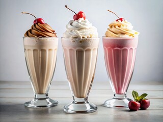 Three Glasses of Milkshake on White Background - Delicious Dairy Drink Photography