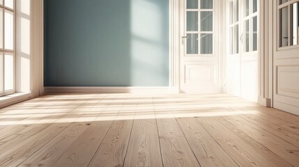 Sunlit Scandinavian Minimalist Room Interior Design  Empty Space  Hardwood Floor  Blue Wal