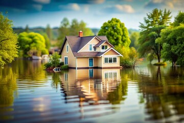 Obraz premium Tilt-Shift Photography: Vulnerable Home Surrounded by Rising Floodwaters - Extreme Weather Impact