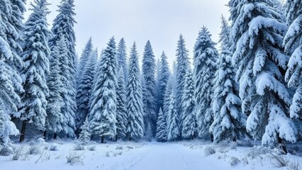 Snowy forest landscape with towering Christmas trees, cold, snow