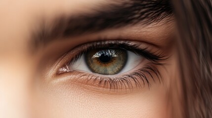 Obraz premium Close-up of a human eye showcasing intricate details and vibrant colors, with soft lighting