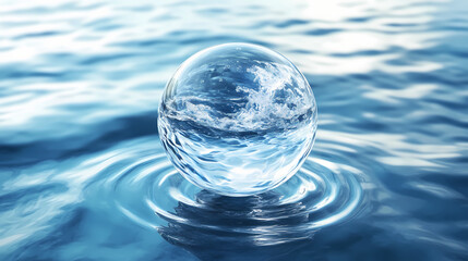 Una esfera de vidrio transparente o una bola de cristal flotando sobre un fondo azul liso. Tide-Touched Spirits. Illustration