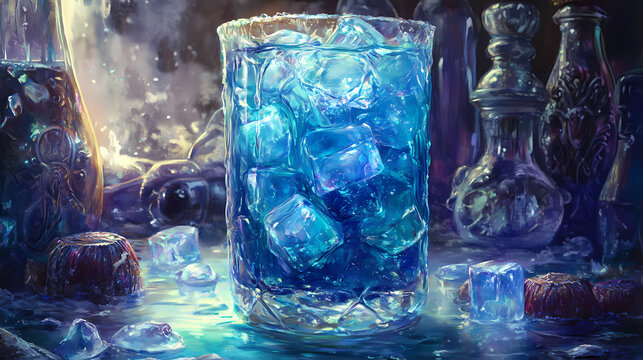 Un vaso de refresco fresco y crujiente, con cubitos de hielo que se derriten lentamente y agregan un toque de dulzura a cada sorbo. Tide-Touched Spirits. Illustration