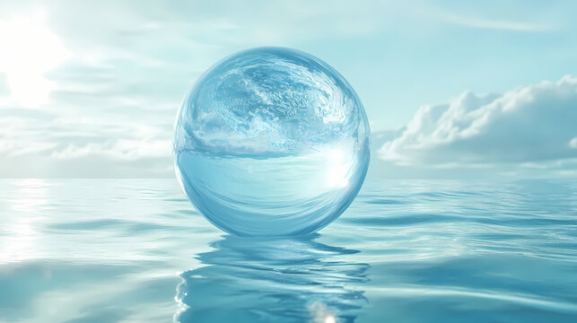 Una esfera de vidrio transparente o una bola de cristal flotando sobre un fondo azul liso. Tide-Touched Spirits. Illustration