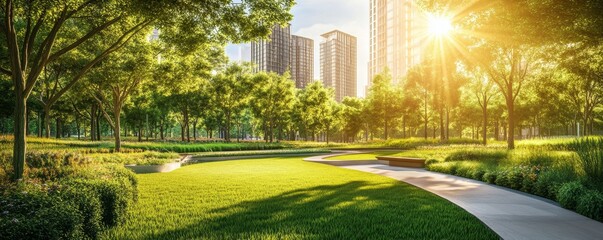 Sunny city park pathway, green grass, skyscrapers