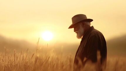 Elderly man in a hat walking through a golden wheat field at sunset, reflecting on life