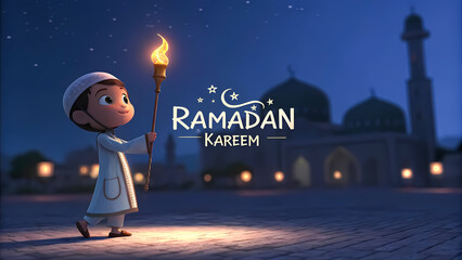 Obraz premium A Joyful Boy Holding a Torch and Celebrating Ramadan Nights with Enthusiasm