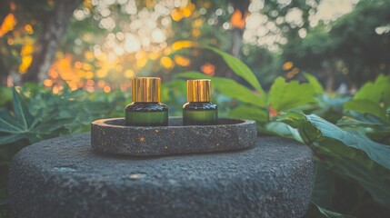 Tranquil Spa Setting  Green Bottles  Stone Tray  Lush Foliage