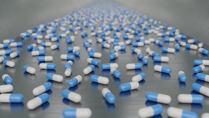 Obraz premium An image of the production line for mass-produced blue capsules.