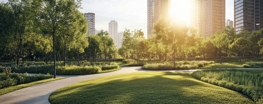 Urban park pathway sunset, city backdrop, green space