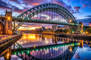 Fototapeta premium Tyne Bridge Newcastle Dusk Illuminated Architectural Detail High Resolution Stock Photo