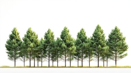 Evergreen trees row, white background, nature, design