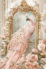 Obraz premium A beautiful painting of a pink peacock with its feathers spread out