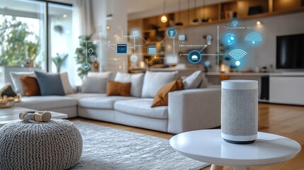 Modern living room with smart speaker, showcasing digital connectivity and cozy decor